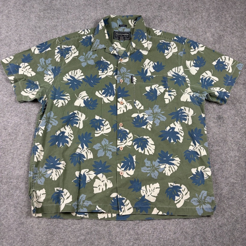 Abercrombie Fitch Button Up Shirt Mens Large Green Blue Floral Tropical Leaf Y2K